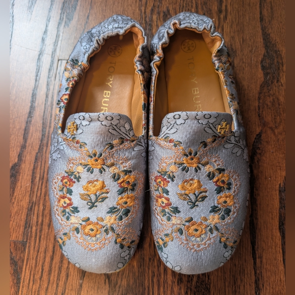 Tory Burch Blue Floral Embroidered Slip-Ons | US Size 7